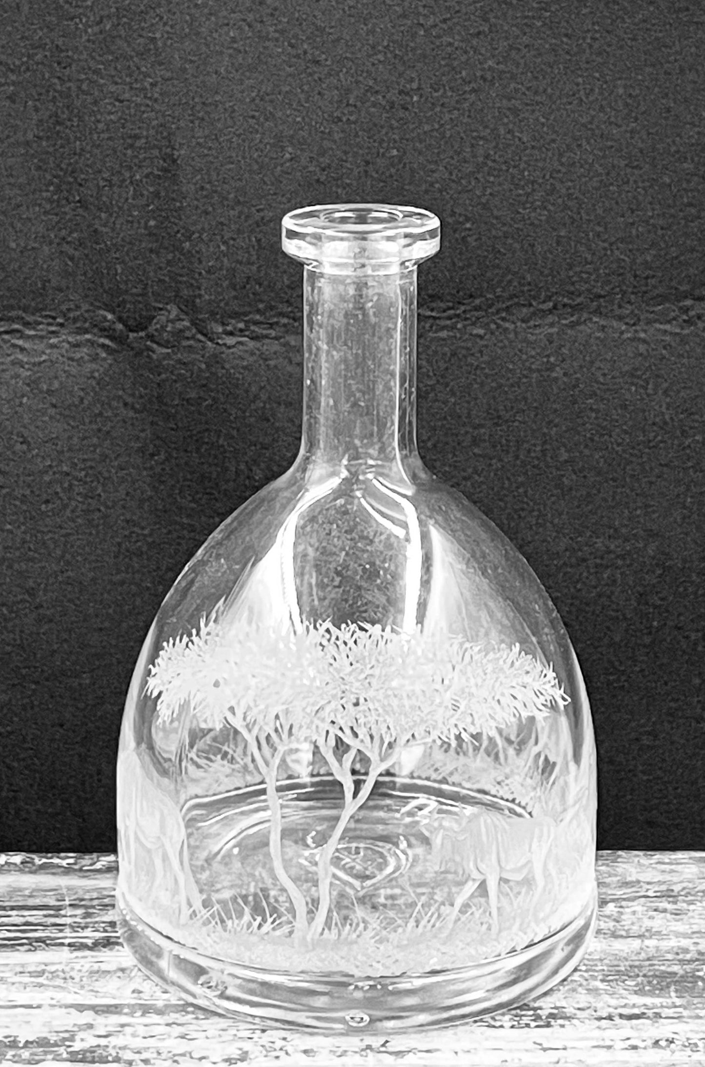 Dome Decanter Shaped Bottle, Engraved with Variety of Animals