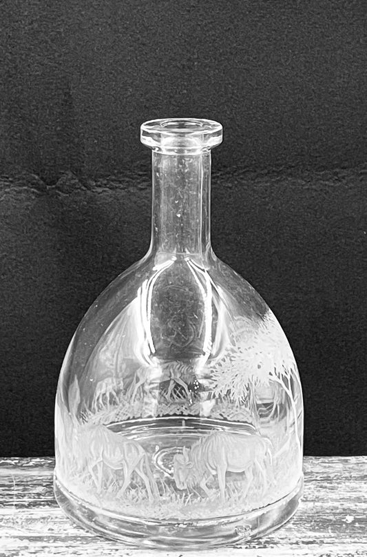 Dome Decanter Shaped Bottle, Engraved with Variety of Animals
