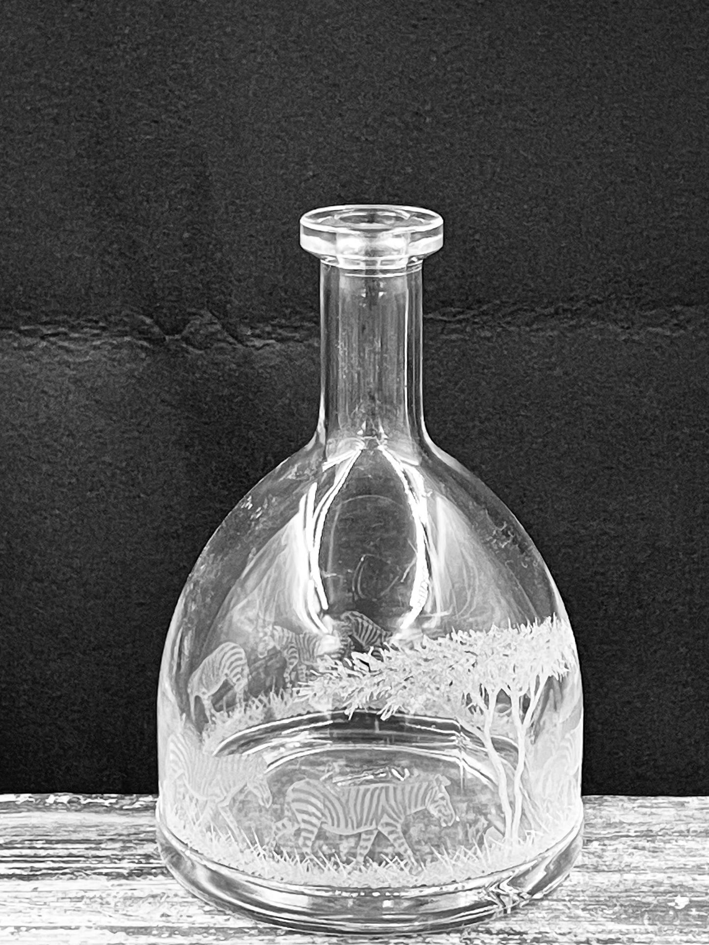 Dome Decanter Shaped Bottle, Engraved with Variety of Animals