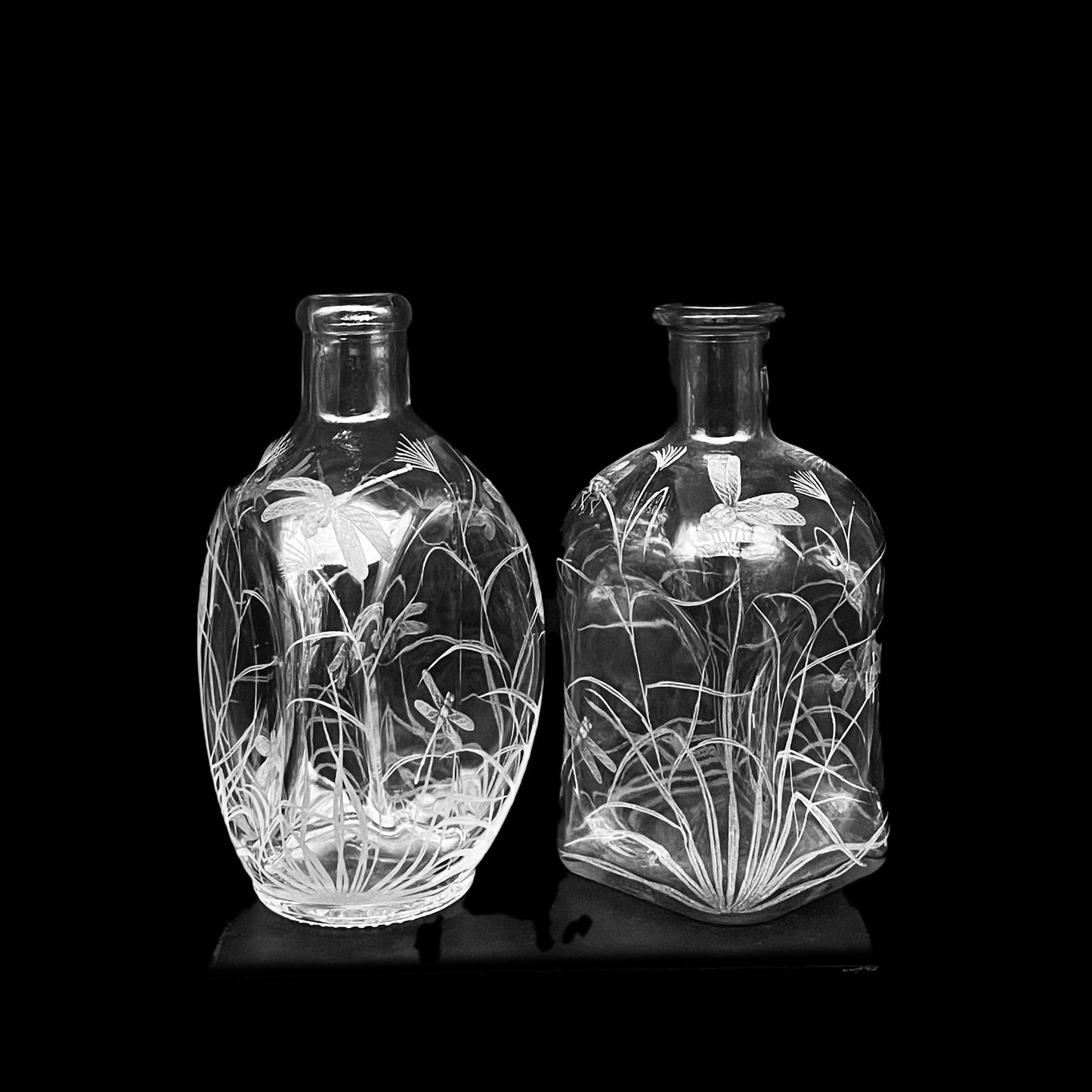 Dimple Bottles, Engraved with Dragon Fly
