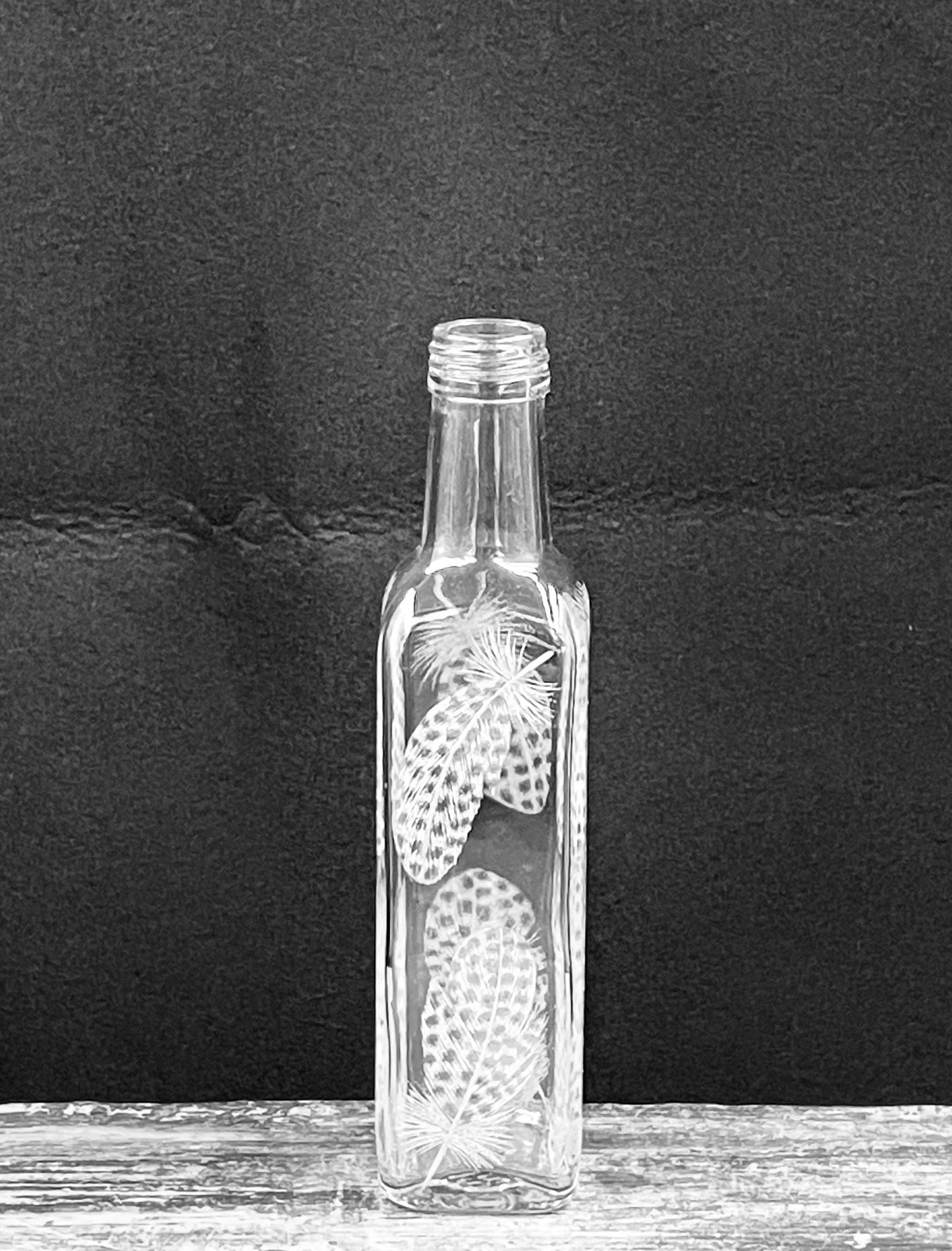 Bottles, Engraved with Guinea Fowl Feathers
