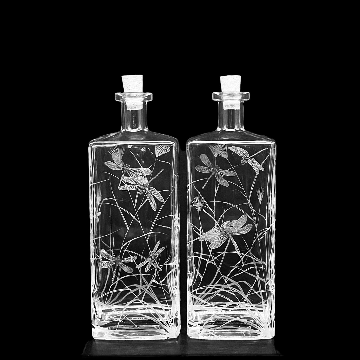 Bottles, Engraved with Dragonfly PAIR