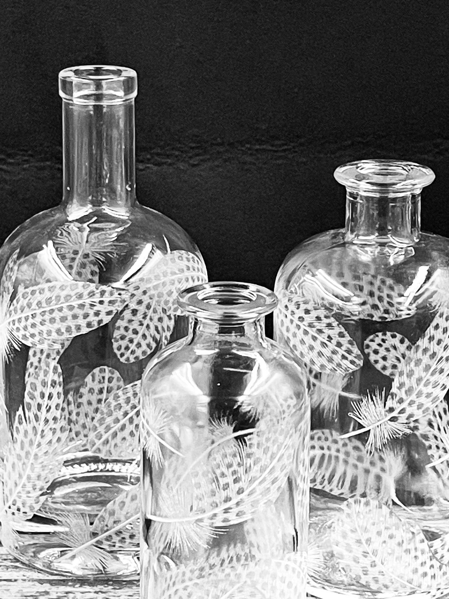 Bottles, Engraved with Guinea Fowl Feathers