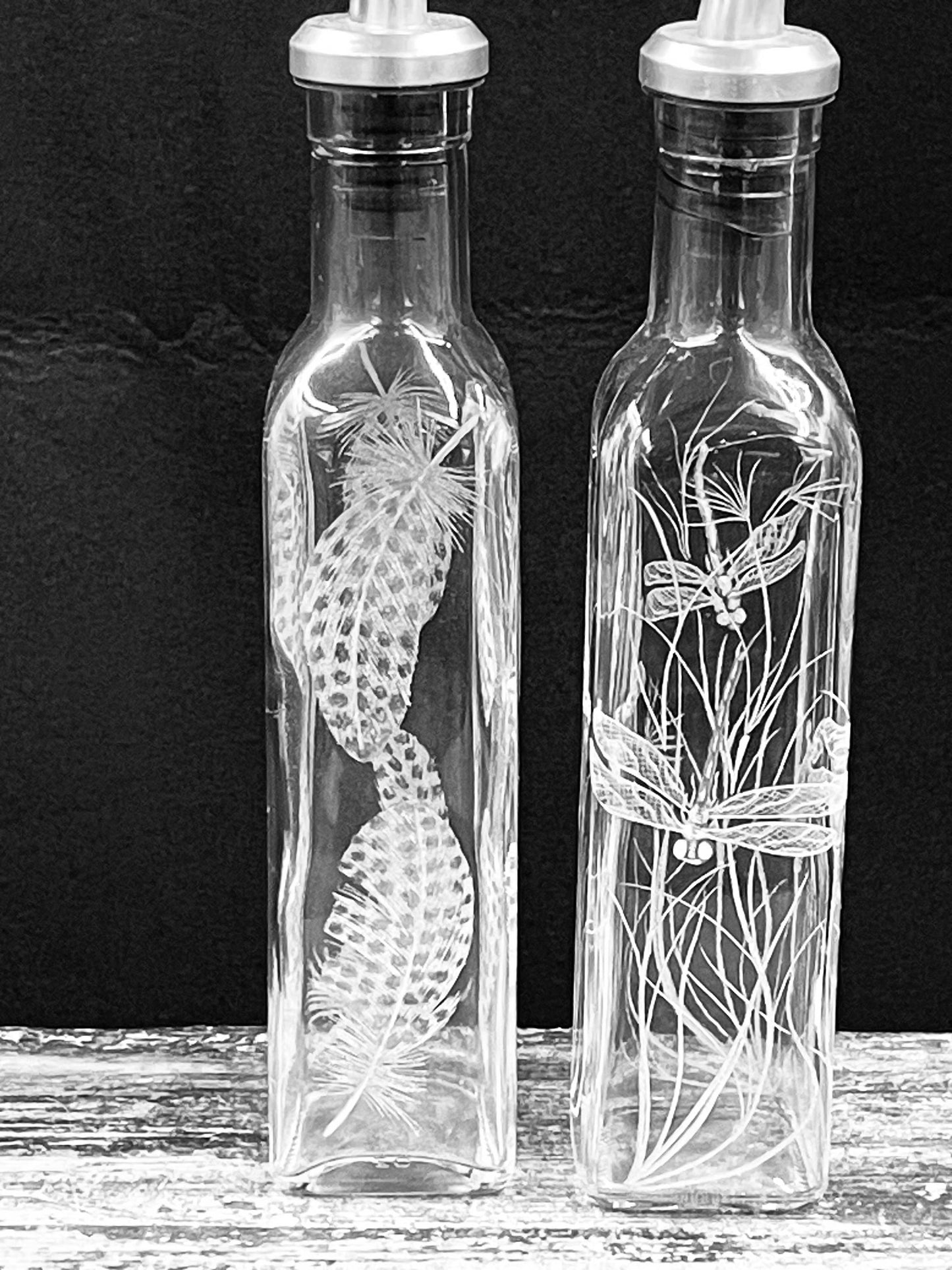 Oil & Dressings Bottles, Engraved with Guinea Fowl Feathers or Dragonfly