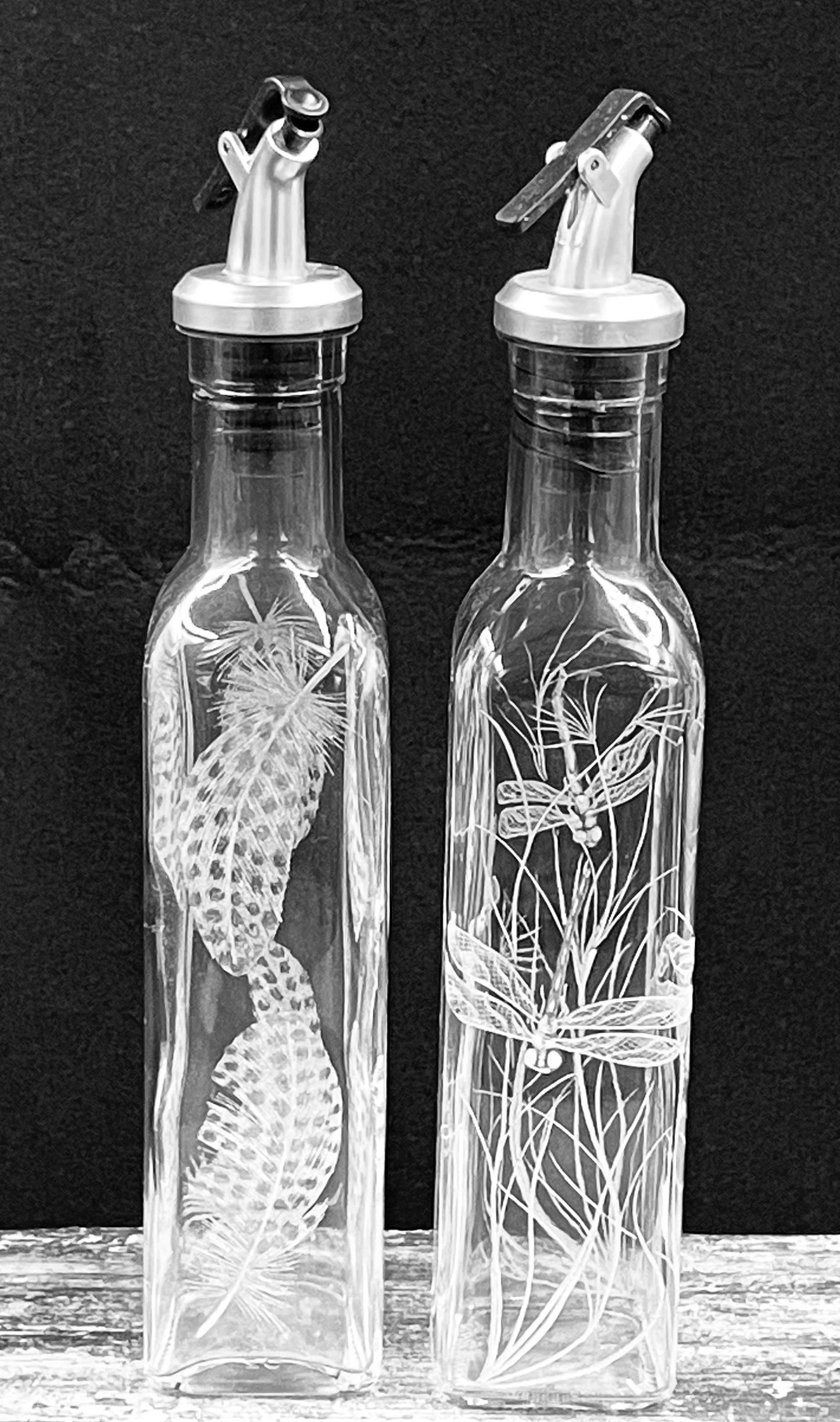 Oil & Dressings Bottles, Engraved with Guinea Fowl Feathers or Dragonfly