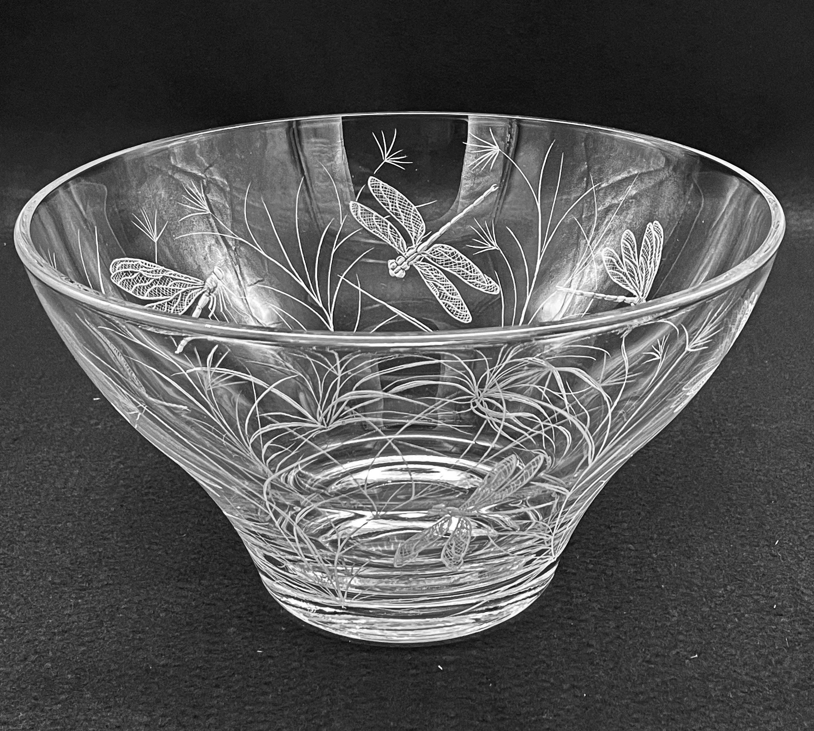 Glass Bowl, Engraved with Dragonfly in Banana Fibre Presentation Box