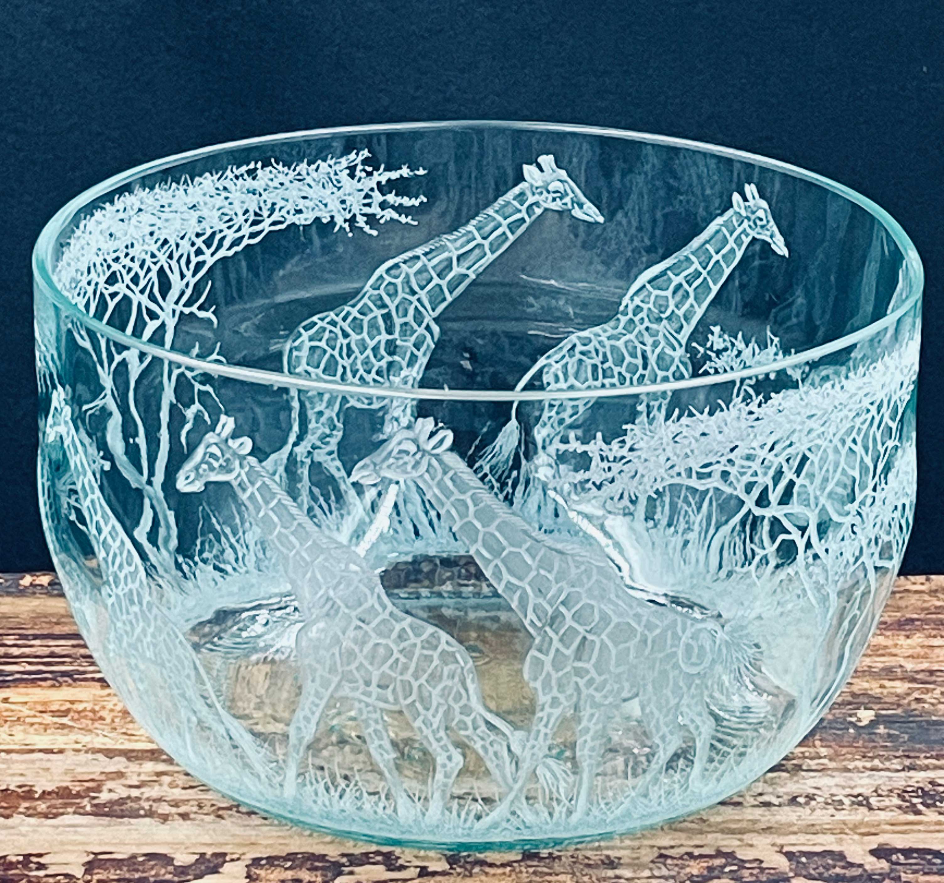 Small Glass Bowl, Engraved with Giraffe