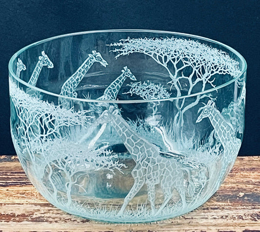 Small Glass Bowl, Engraved with Giraffe
