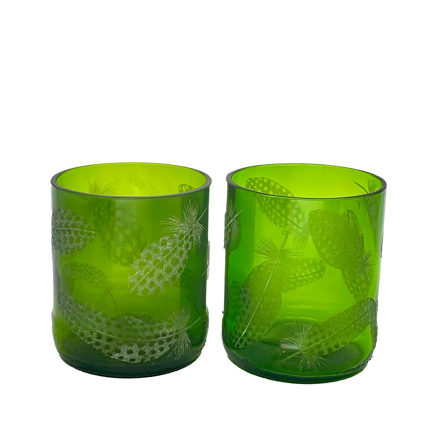 Candle Holder,Green  Glass Engraved with Guinea Fowl Feathers