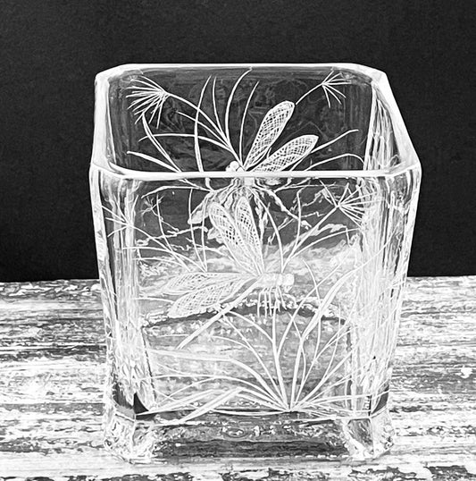 Hand Engraved square vase with Dragonfly