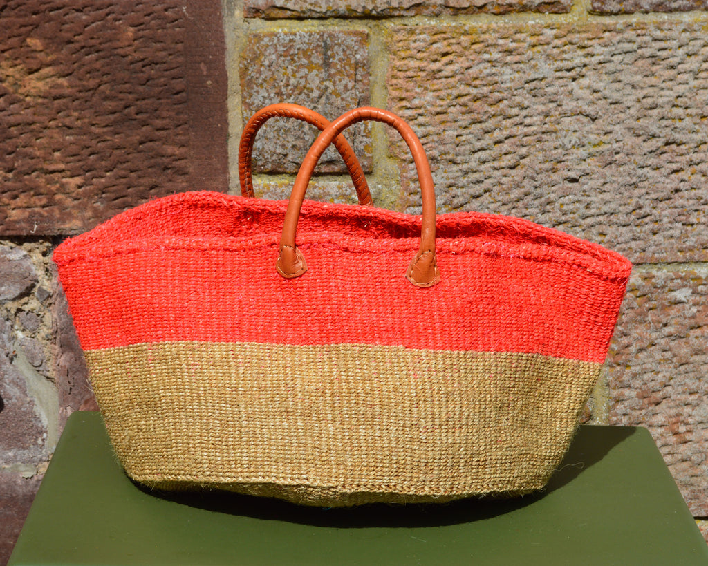 Wide Sisal Basket XL Wide Red and Beige Block