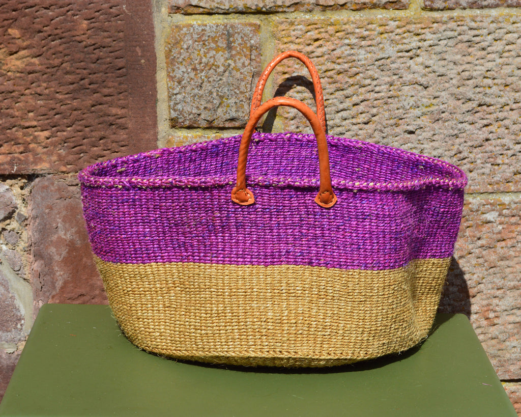 Wide Sisal Basket XL Mauve and Beige Striped