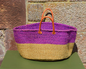 Wide Sisal Basket XL Mauve and Beige Striped