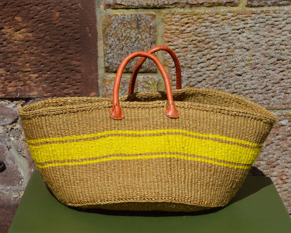 Wide Sisal Basket XL Dark beige with Yellow Stripes