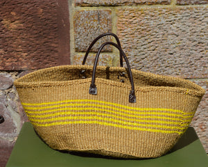 Wide Sisal Basket XL Wide Dark Beige with Thin Yellow Stripes