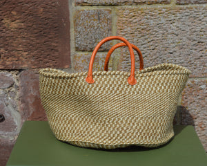 Wide Sisal Basket XL Beige with Cross Check and Fine Patterned Stripe