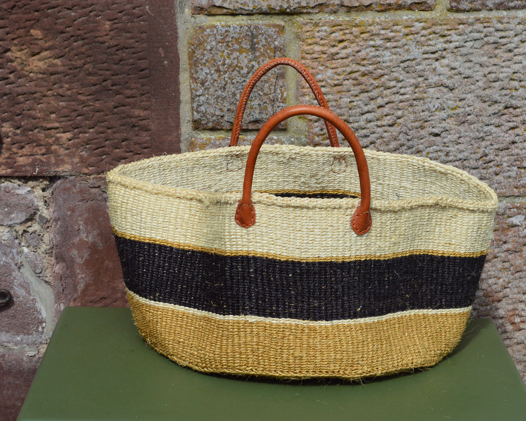 Wide Sisal Basket XL Cream with Black and Beige Stripes