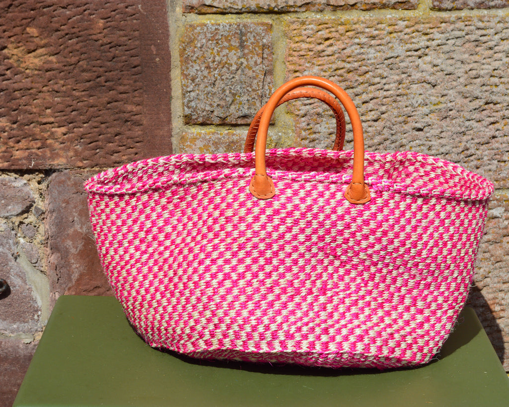 Wide Sisal Basket XL Pink with Cross Check Pattern