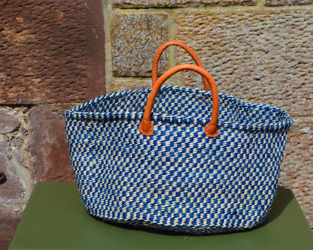 Wide Sisal Basket XL Blue with Cross Check Pattern