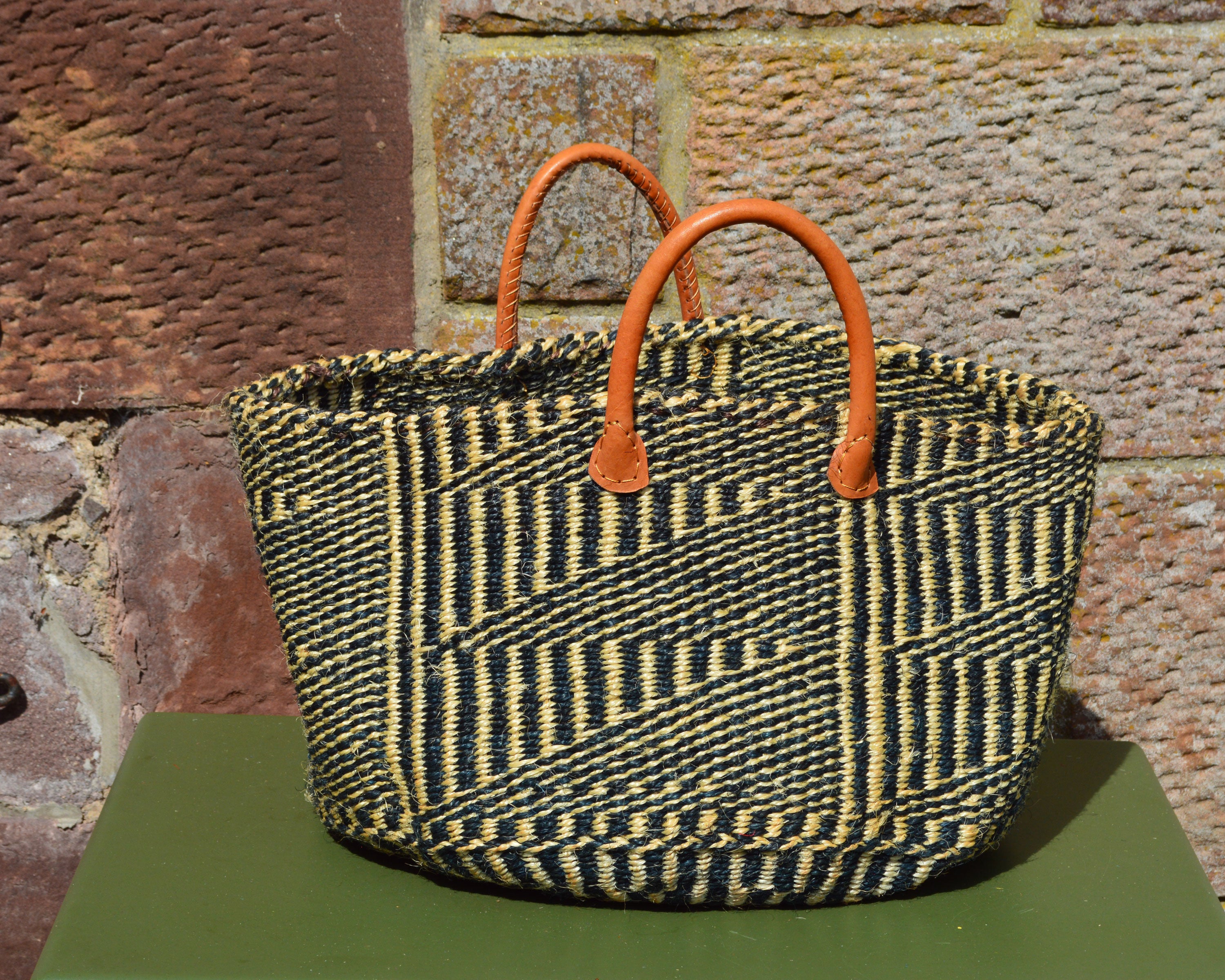 Wide Sisal Basket XL Neutral & Charcoal with Multi Cross Check Pattern