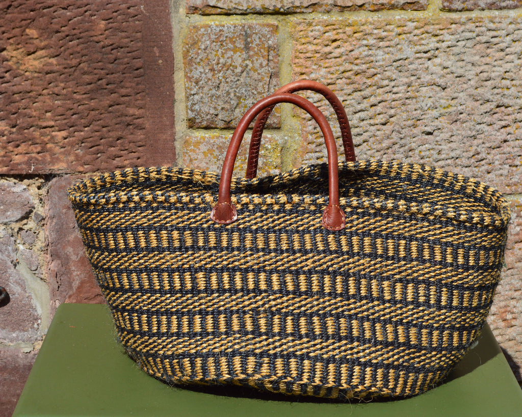 Wide Sisal Basket XL Charcoal & Beige with Multi Layered Cross Check Pattern