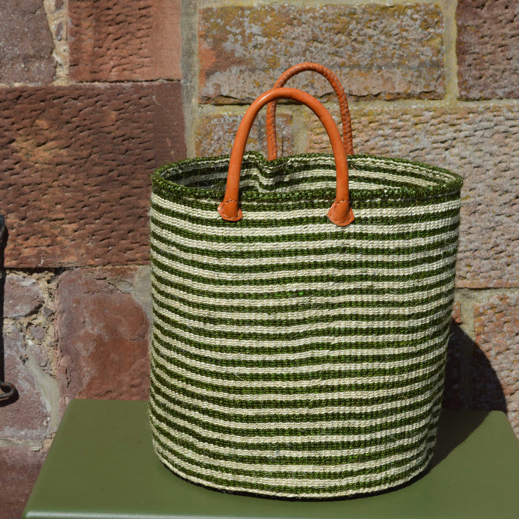 Large Sisal Basket Cream with Green Fine Hoops
