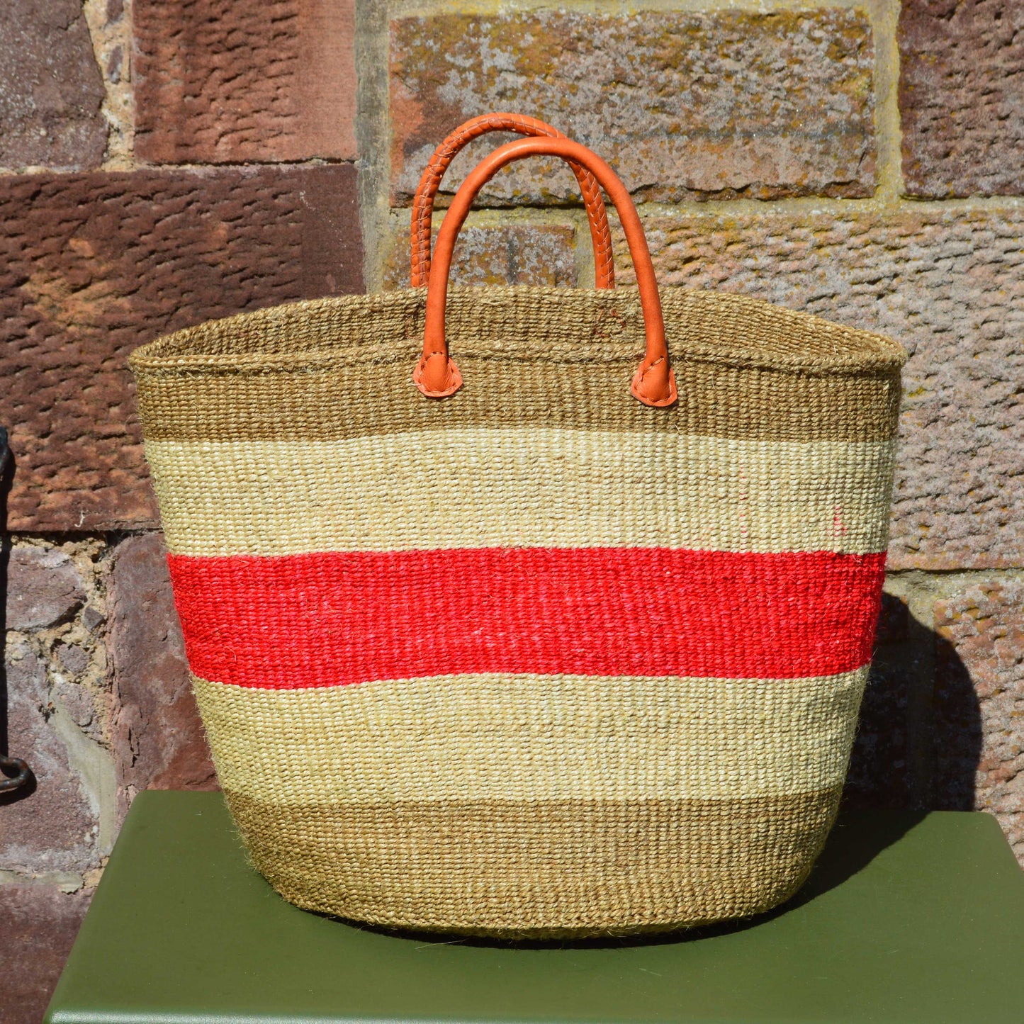 Large Sisal Basket Beige with Cream and Red Stripes