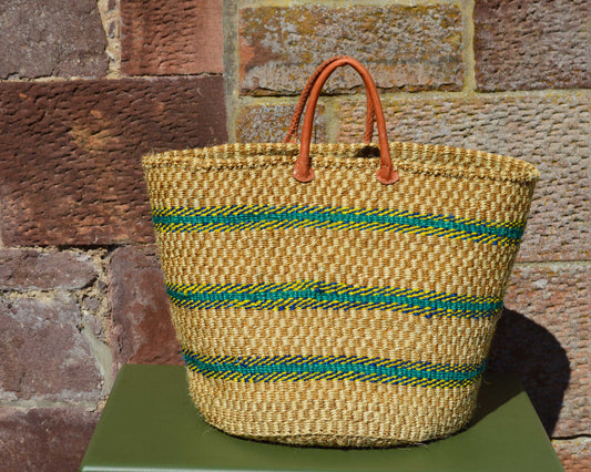 Large Sisal Basket Beige with Turquoise, Blue and Yellow Hoops