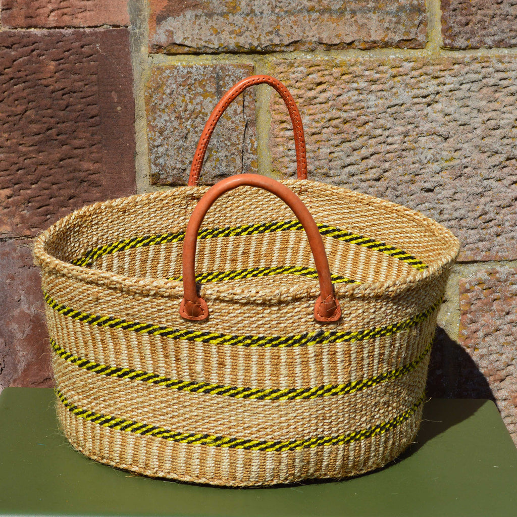 Wide Sisal Basket XL Beige with Thin Charcoal and Yellow Stripes and Cross Pattern