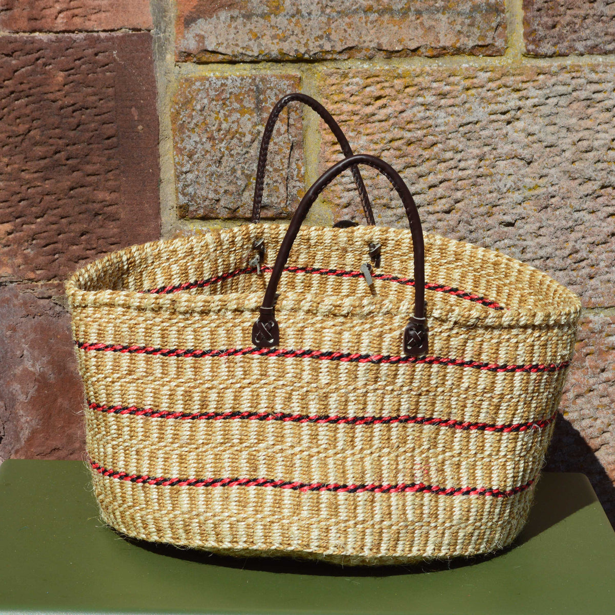 Extra Wide Sisal Basket Natural with Dark Red Stripes and Striped Beige Pattern