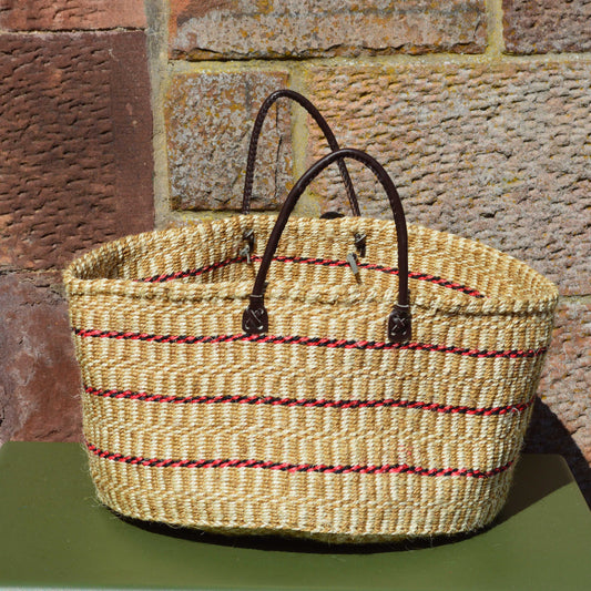 Extra Wide Sisal Basket Natural with Dark Red Stripes and Striped Beige Pattern