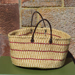 Wide Sisal Basket XL Cream with Dark Red Stripes and Striped Beige Pattern