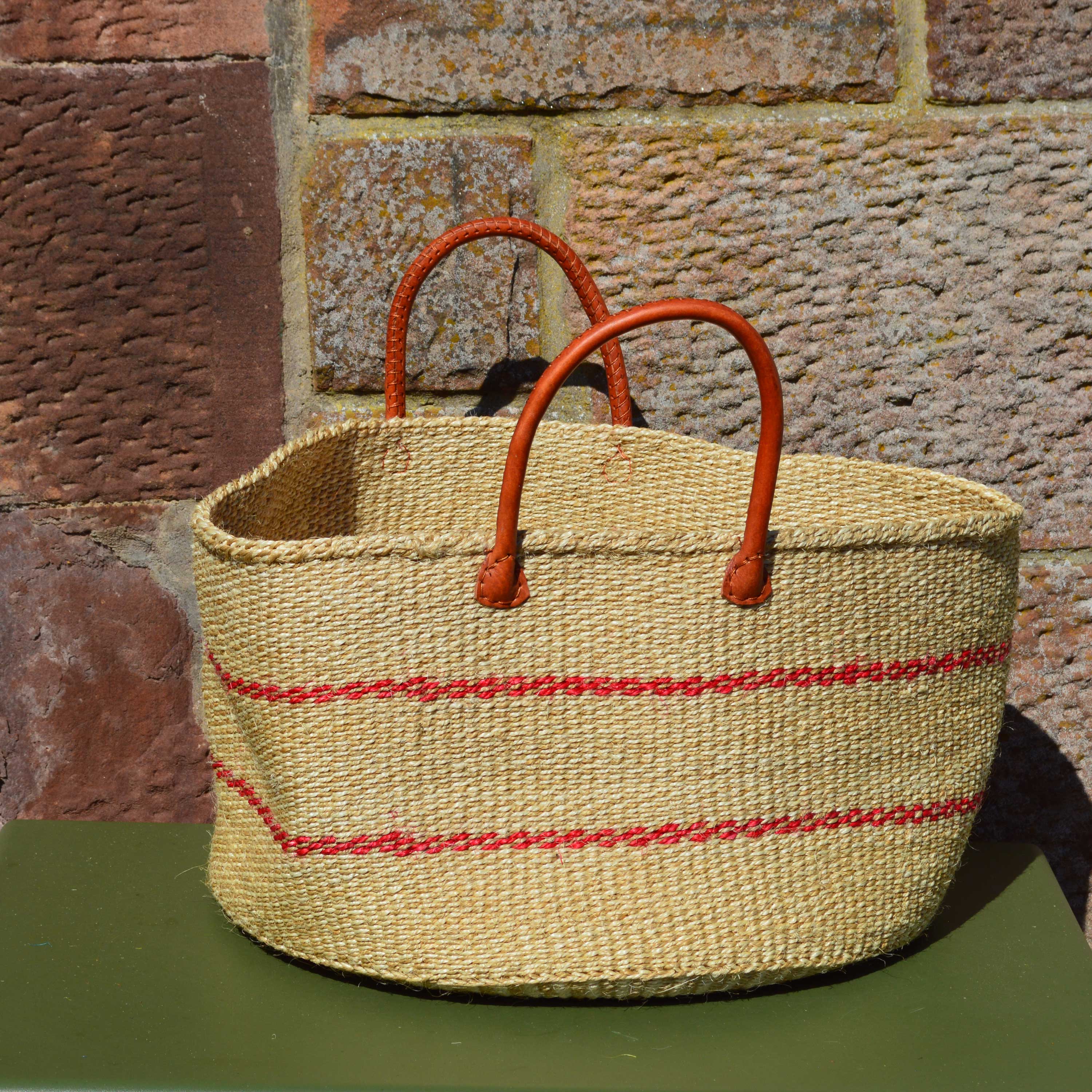 Wide Sisal Basket XL Beige with  Thin Red Stripes