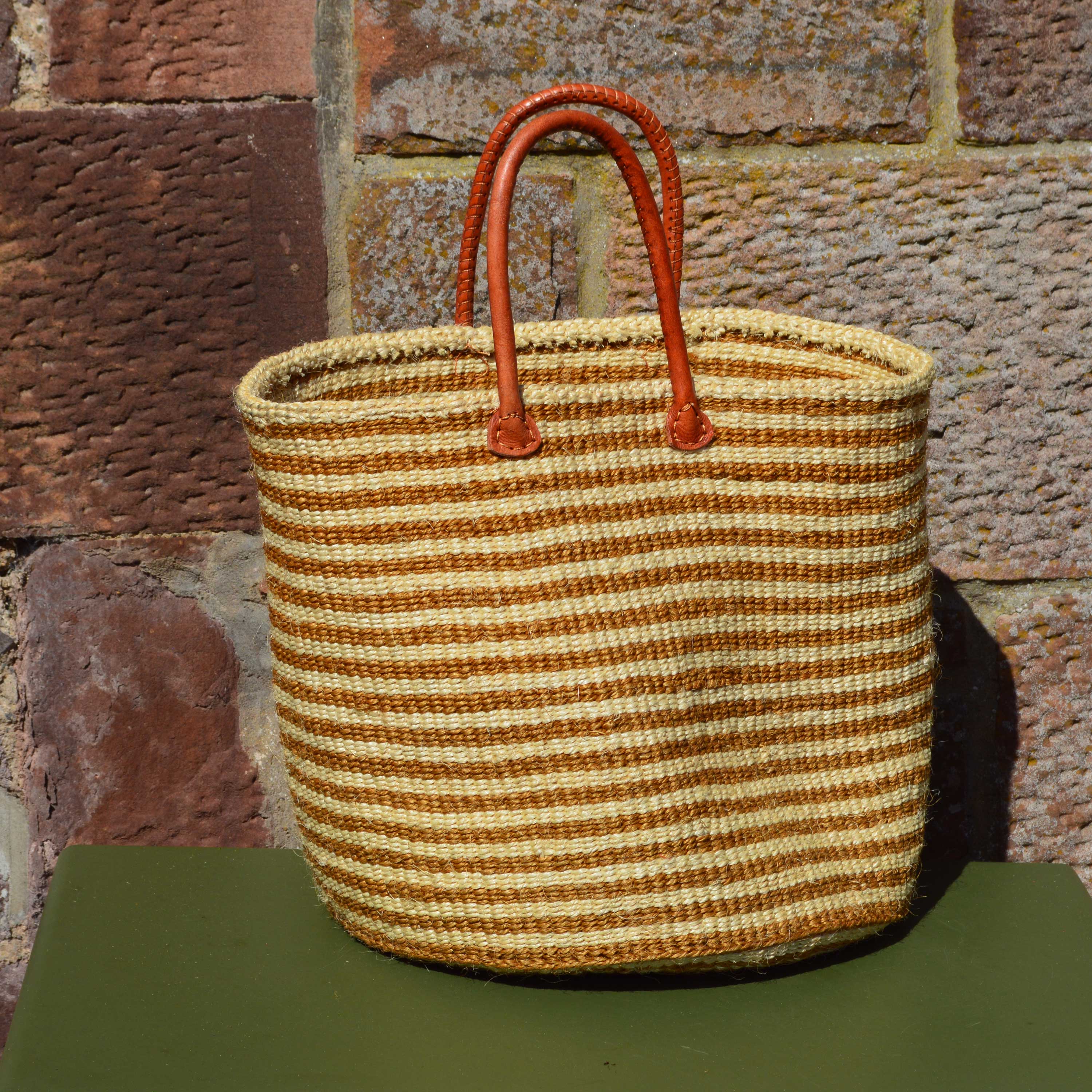 Large Sisal Basket Beige with Golden Brown Hoops