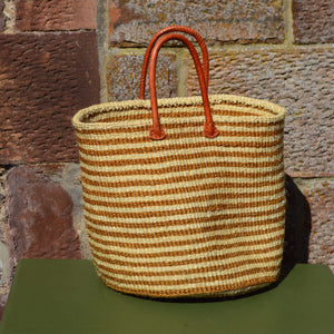 Large Sisal Basket Beige with Golden Brown Hoops