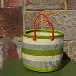 Medium Sisal Basket Lime Green with Cream and Grey Hoops