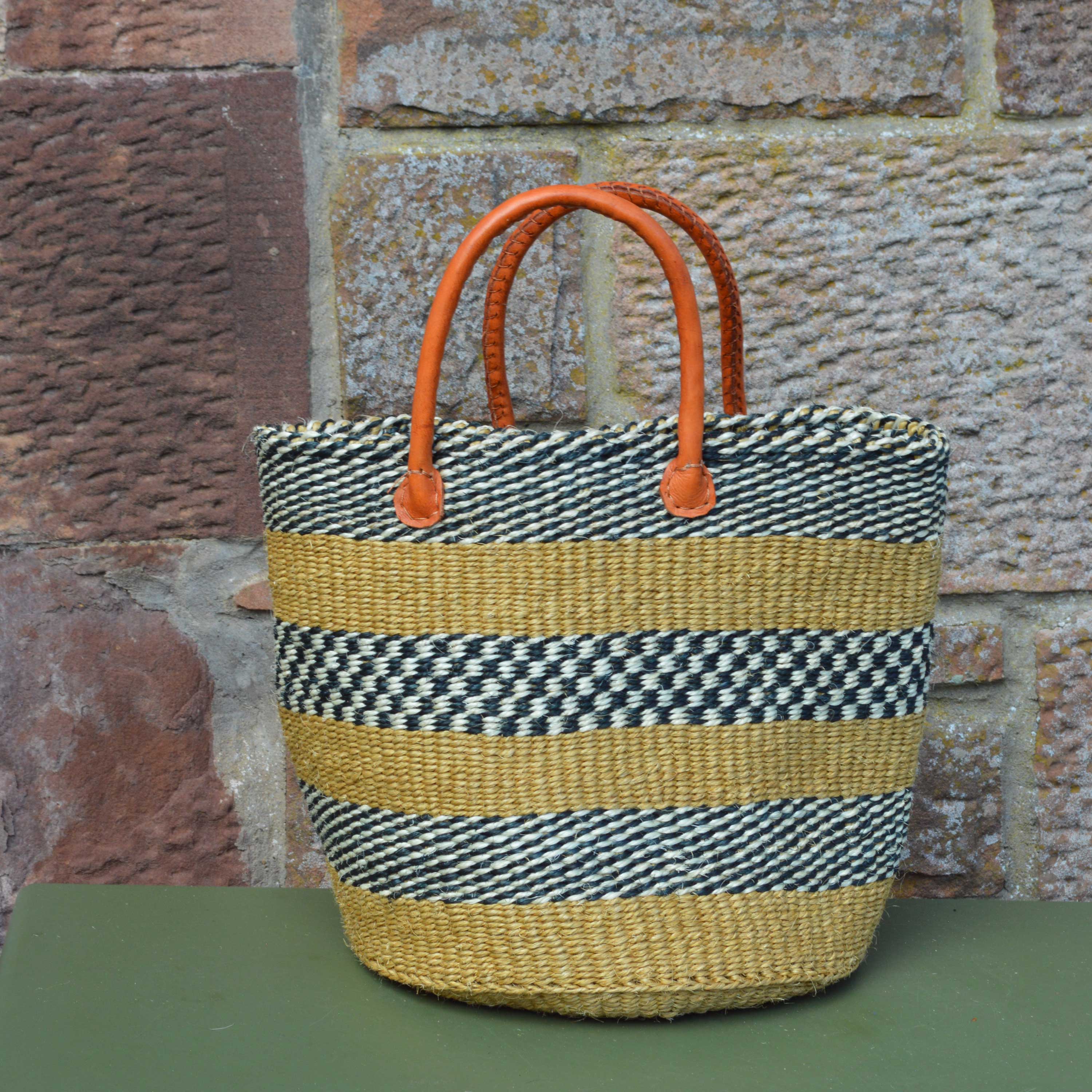 Small Sisal Basket Beige with Cream and Black Checked Hoops