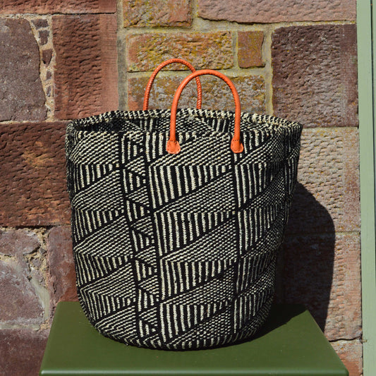 Large Black & White Flag Design Sisal & Wool Basket
