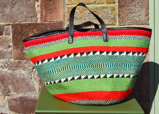 Giant Woollen Kiondo Lined Basket with heavy duty Mocha leather trim & handles.  Red, Apple green Hoops, B&W zigzags, Blue & Yellow Mix