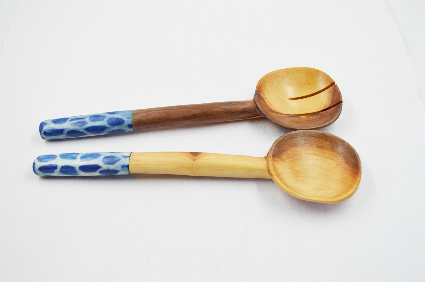 Chunky Olivewood Salad Servers with Blue Handles.