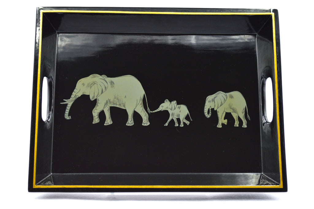 Drinks Tray Hand Painted Elephant on Black