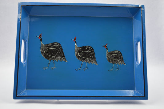 Drinks Tray Hand Painted Guinea Fowl on Blue