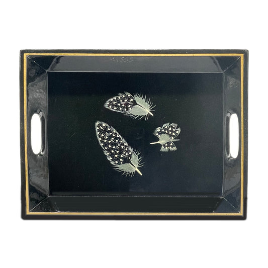 Drinks Tray Hand Painted Guinea Fowl Feathers on Black