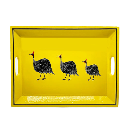 Drinks Tray Hand Painted Guinea Fowl on Yellow