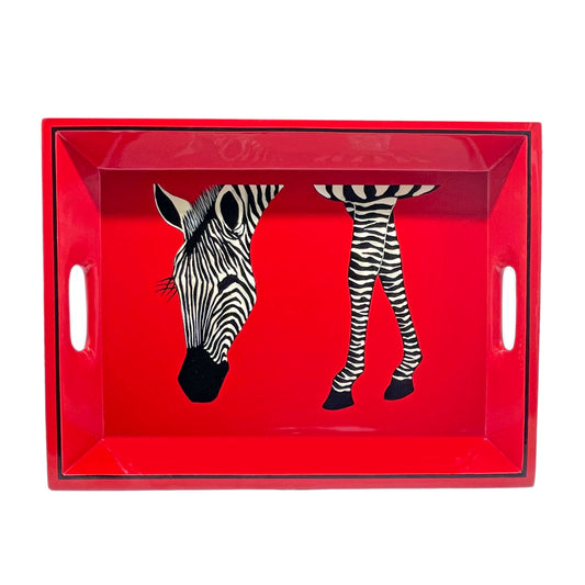 Drinks Tray Hand Painted Zebra Eating on Red