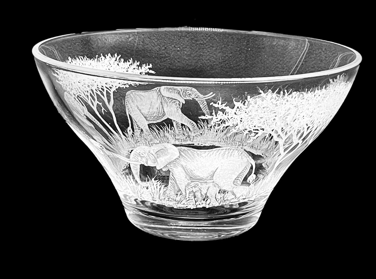 Glass Bowl, Engraved with Elephants in Banana Fibre Presentation Box