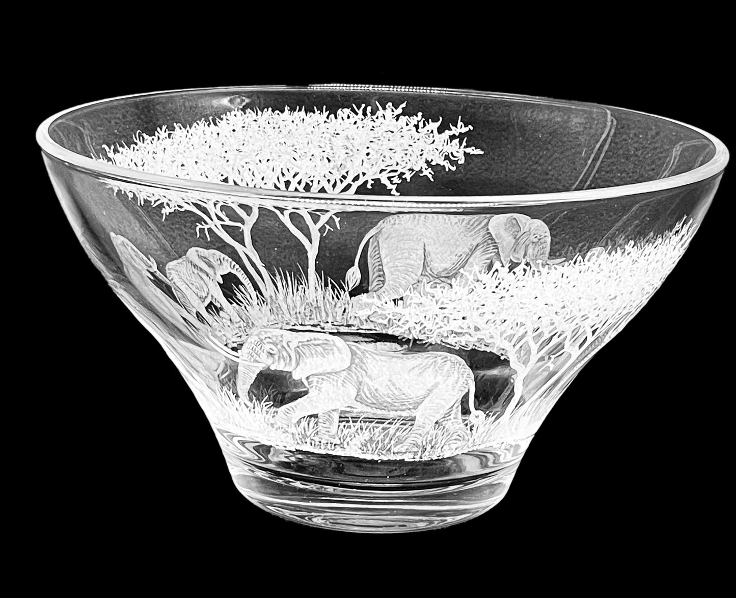Glass Bowl, Engraved with Elephants in Banana Fibre Presentation Box