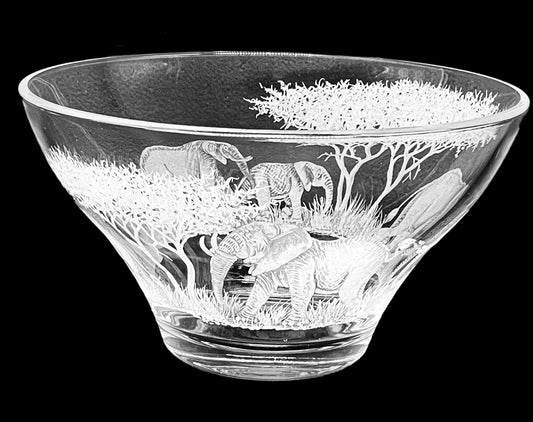 Glass Bowl, Engraved with Elephants in Banana Fibre Presentation Box