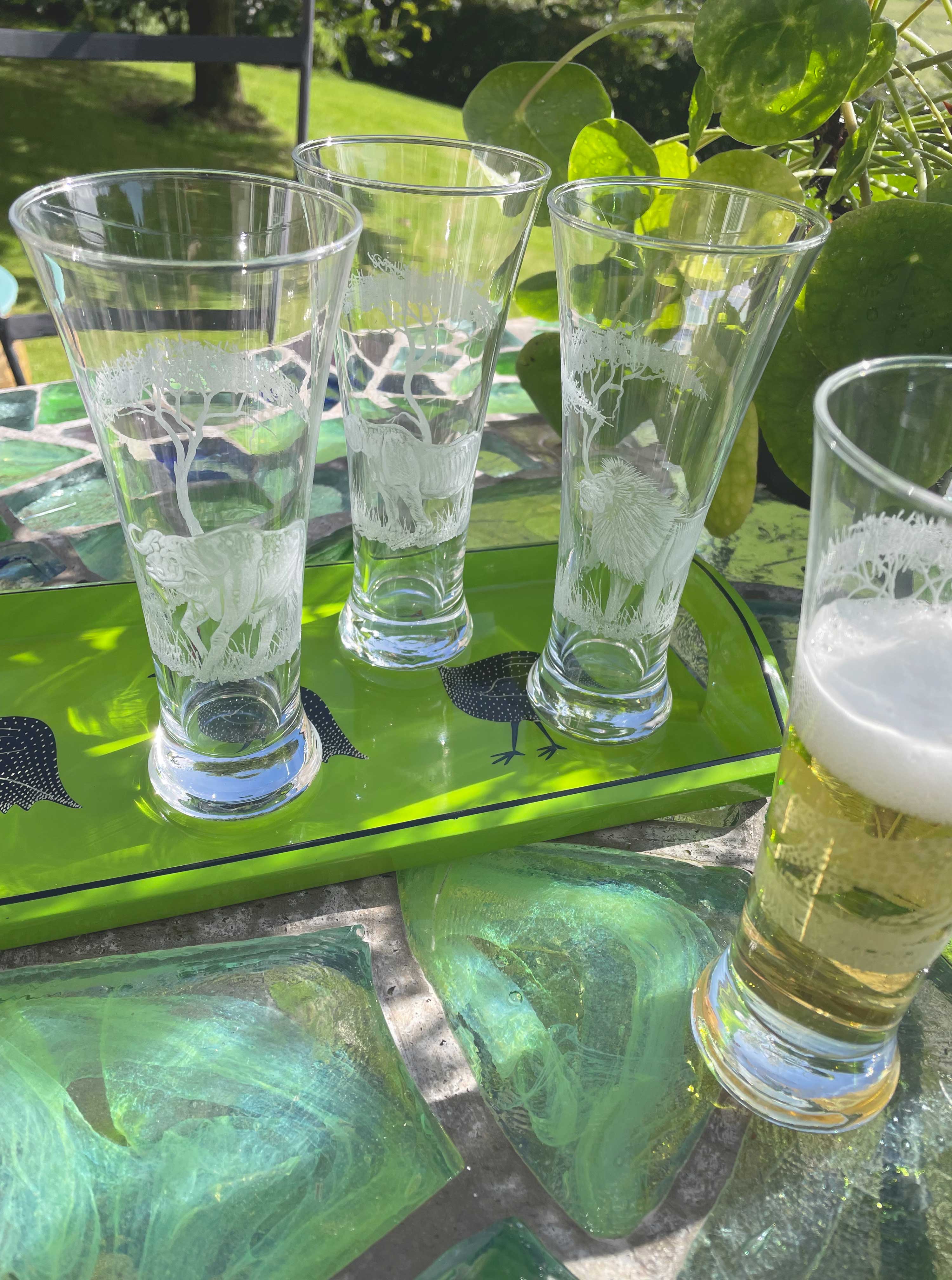 Beer Glasses, Engraved with African Animals