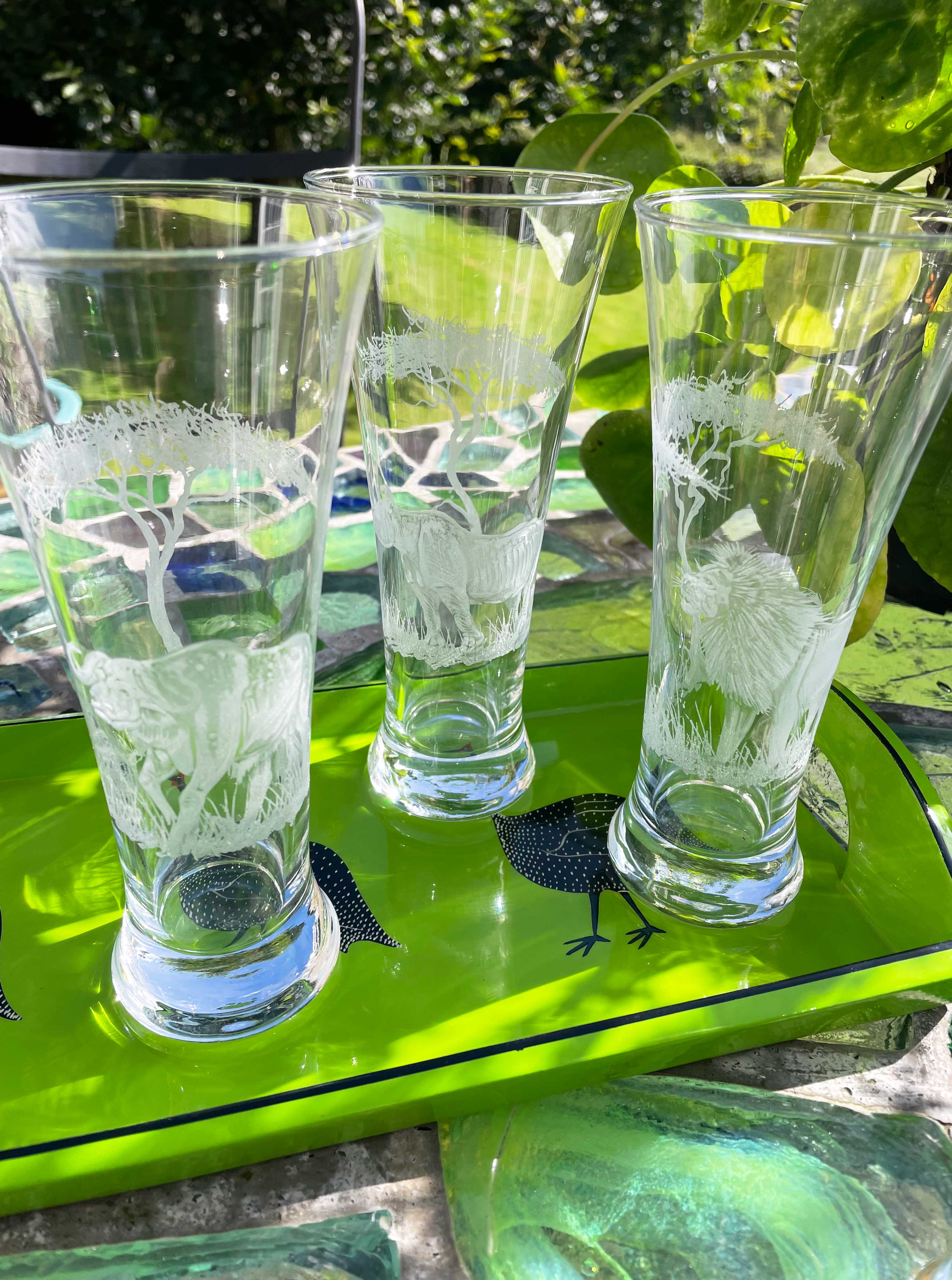Beer Glasses, Engraved with African Animals